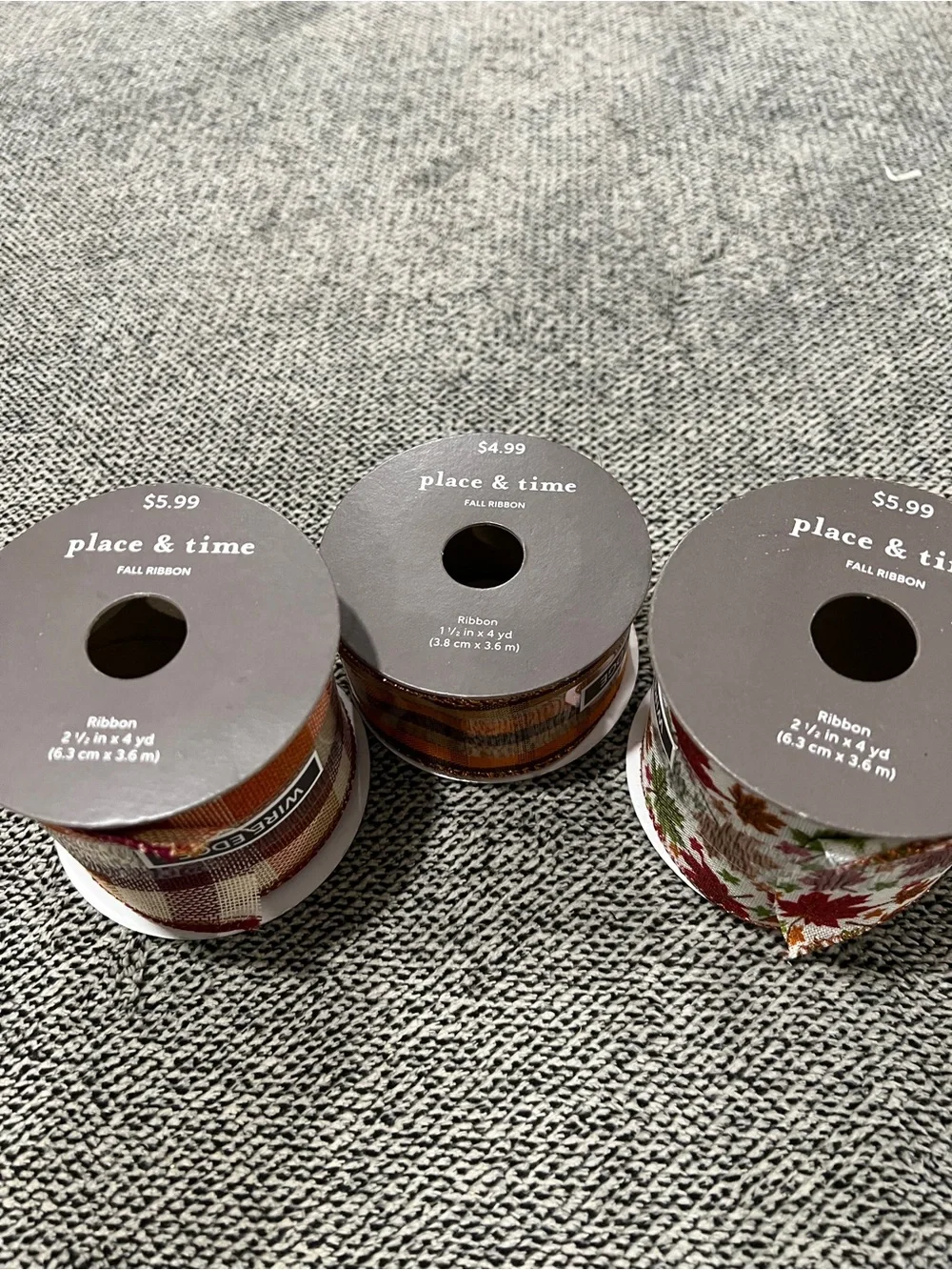 Autumn Plaid & Leaf Decorative Ribbon Trio - Orange, Burgundy, White